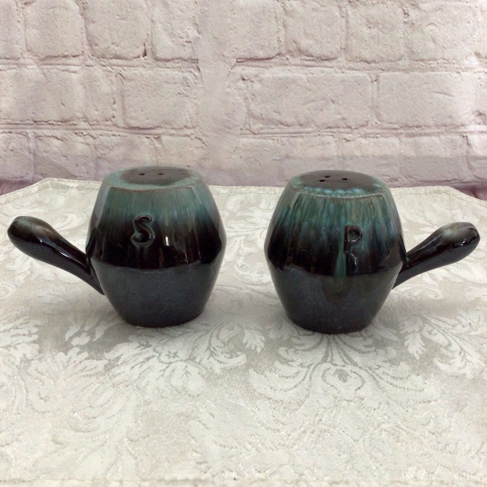 Vintage Ceramic Blue and Brown Drip Glaze Handled Salt and Pepper Shaker Set